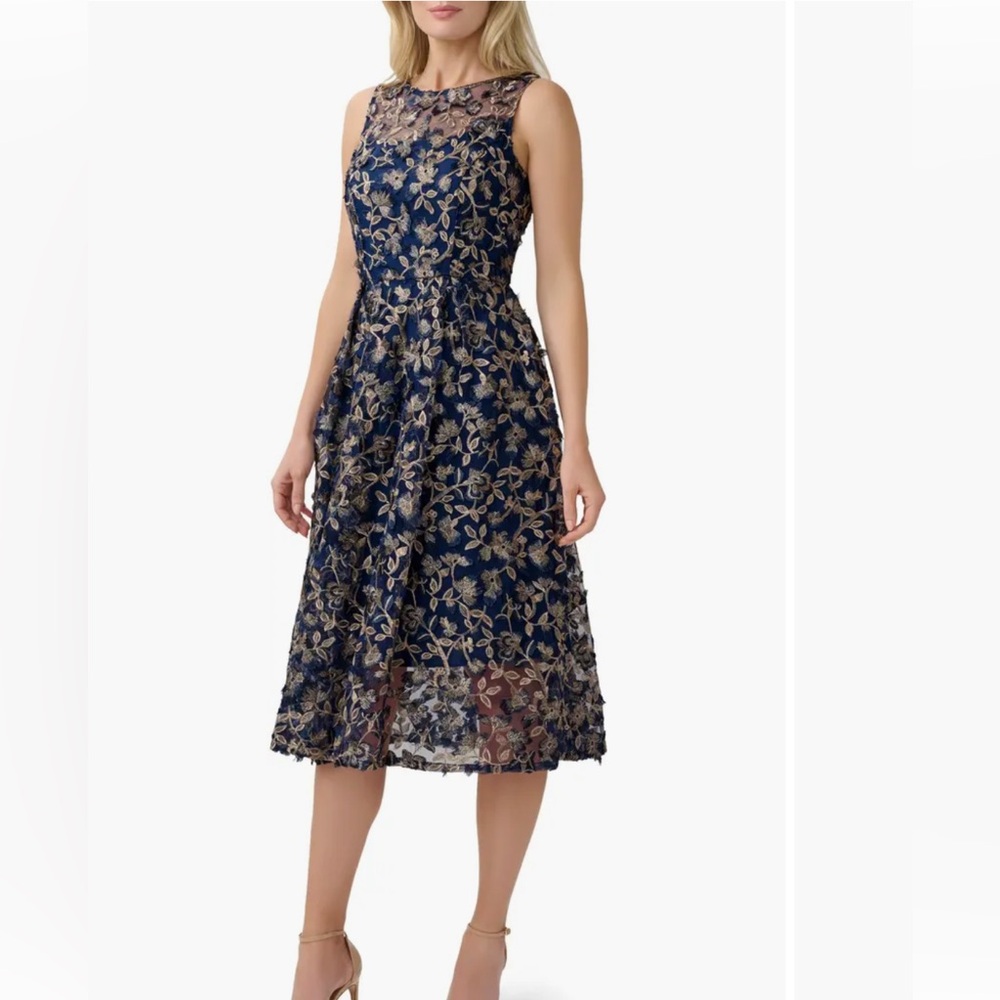 Adrianna Papell Navy and Gold Floral Midi Dress